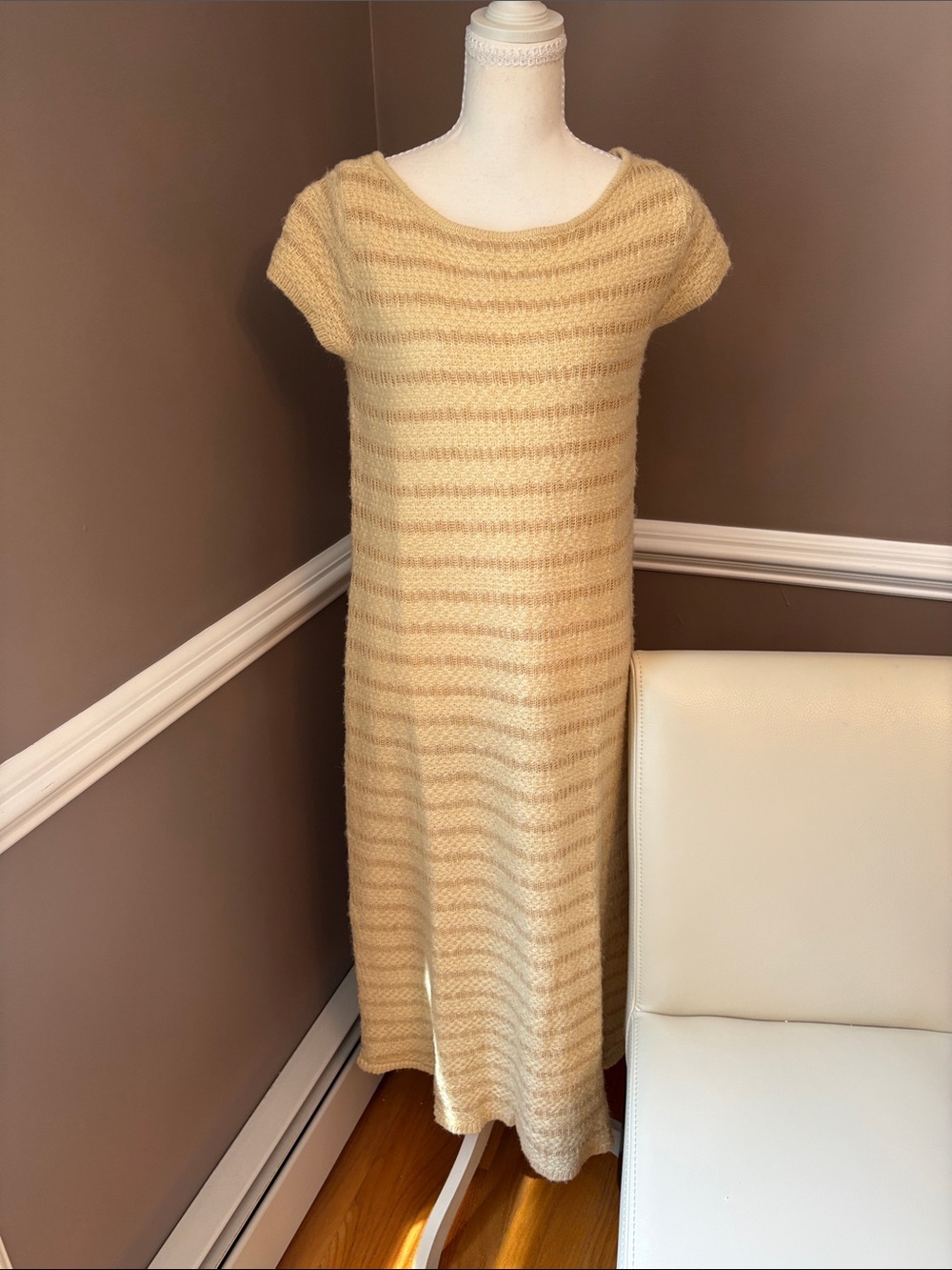 Zara Soft Cream Striped Knit Maxi Dress